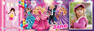 customised birthday banner with Barbie and Ken dancing