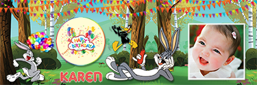 Custom Birthday banner with Bugs Bunny and friends and beautiful buntings and balloons all across them.