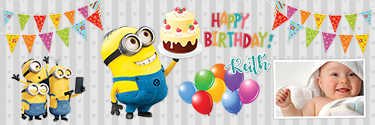Bob the Minions wishes you happy birthday with a beautiful Birthday cake.
