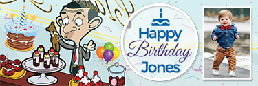 Happy Birthday banner having Mr. Bean and teddy