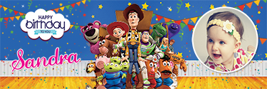 Toy Story birthday banner with all the characters looking excited